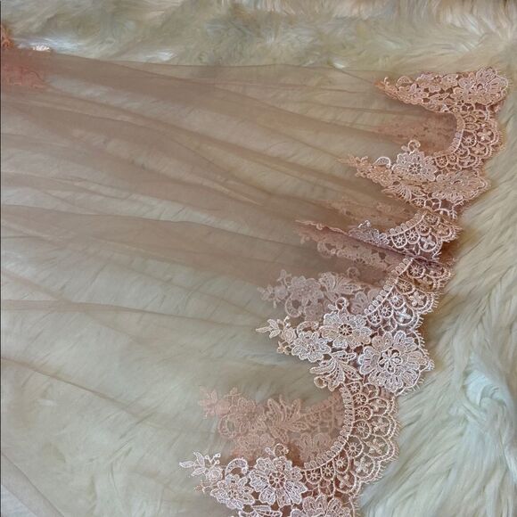 Peach Scalloped Lace & Tulle Full Length Gown - Picture 3 of 8